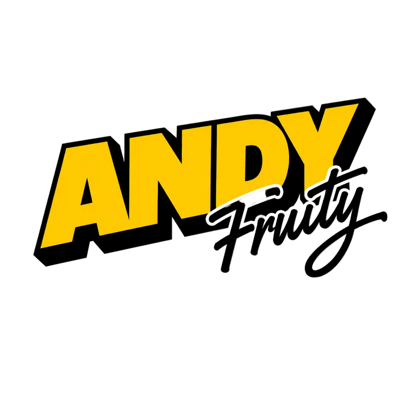 Logo with 'ANDY Fruity' text in yellow and black on a white background